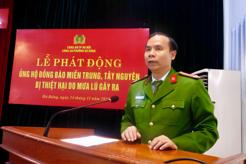 Trung tá Phạm Văn Trọng - Trưởng Công an phường Hà Đông phát biểu tại Lễ phát động