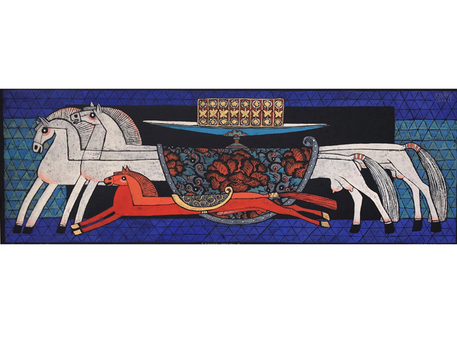 Tác phẩm: Tam mã - Mã: IA 09. Kích thước: 40x110cm - Chất liệu: Bản in khắc gỗ. Năm sáng tác: 2014 - Họa sĩ Vũ Đình Tuấn: sinh năm 1973, Đại học Mỹ thuật Việt Nam. Thạc sỹ Mỹ thuật, Giảng viên Đại học Mỹ thuật Việt Nam.