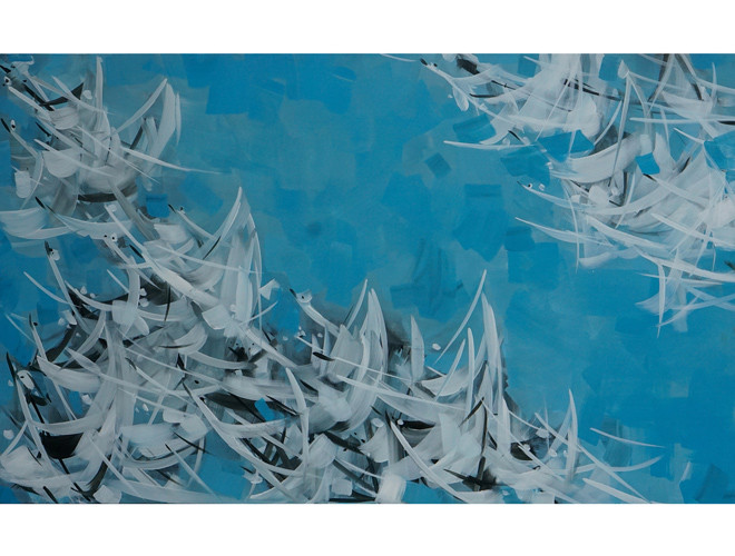 Tác phẩm: Vượt gió - Mã: IA 04. Kích thước: 78x128cm - Chất liệu: Acrylic. Năm sáng tác: 2018 - Họa sĩ Trần Lê Nam: sinh năm 1962. Tranh của Trần Lê Nam theo trường phái trừu tượng với bút pháp mạnh mẽ, sử dụng các lớp màu nguyên dày dặn như đắp nổi chồng đè lên nhau trên bề mặt toan tạo hiệu ứng hòa sắc rất độc đáo.