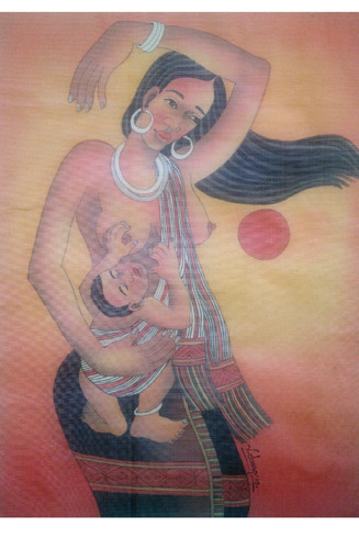 Là họa sĩ, giảng viên mỹ thuật ở Huế, tác phẩm tranh lụa “Mặt trời của mẹ” Nguyễn Văn Chung khai thác tứ thơ nổi tiếng của Nguyễn Khoa Điềm trong bài “Khúc hát ru những em bé lớn trên lưng mẹ”, hình ảnh người mẹ Tây Nguyên với em bé là một lời tụng ca tình mẫu tử, tình yêu và khát vọng sống - những yếu tố đã làm nên sức mạnh vượt qua bao thử thách của nhân loại.