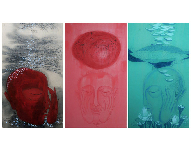 Tác phẩm: Định - Mã: IA 03. Kích thước: 60x35x3 - Chất liệu: Màu tự nhiên trên giấy dó. Năm sáng tác: 2020 - Họa sĩ Trần Hoàng Sơn: sinh năm 1972, Giảng viên khoa Hội họa trường Đại học Mỹ thuật Việt Nam