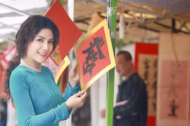 Quỳnh Hoa nổi bật dạo phố ông đồ ngày Tết