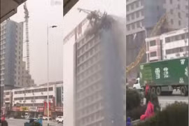 Video cần cẩu xây dựng đổ vào tòa nhà cao tầng