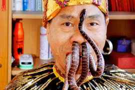 Cho rắn 1m chui vào mũi rồi bò ra từ miệng