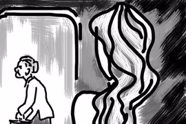 Cô gái bước lên xe buýt