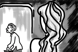 Cô gái bước lên xe buýt