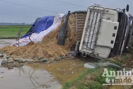 Xe tải chở dưa hấu “cắm đầu” xuống ruộng