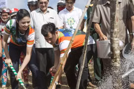 Hoa hậu Ngọc Hân diện áo đôi cùng Xuân Bắc trồng cây tại Bến Tre