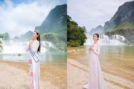 Hoa hậu Lương Thùy Linh tái hiện bộ ảnh bên thác Bản Giốc cách đây 5 năm 