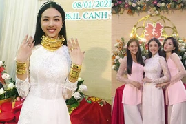 [ẢNH] Đám cưới miền Tây đặc biệt của Á hậu Thúy An: Nhà trai đi thuyền, cô dâu vàng đeo ‘trĩu cổ’, dàn phù dâu toàn Hoa hậu