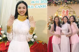 [ẢNH] Đám cưới miền Tây đặc biệt của Á hậu Thúy An: Nhà trai đi thuyền, cô dâu vàng đeo ‘trĩu cổ’, dàn phù dâu toàn Hoa hậu