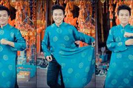 "Én đồng" Thành Trung diện áo dài xuống phố đón Xuân