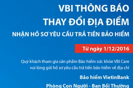 VBI chuyển địa điểm nhận hồ sơ yêu cầu trả tiền bảo hiểm