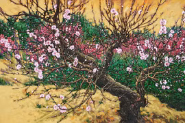 Sắc thắm hoa đào trong tác phẩm của họa sỹ Còm