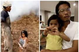 Bé gái 5 tuổi làm "đôi mắt" cho cha mù đi hái dừa hàng ngày