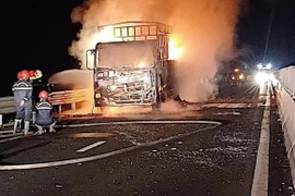 Xe tải bốc cháy ngùn ngụt trên cao tốc Vĩnh Hảo- Phan Thiết