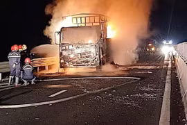 Xe tải bốc cháy ngùn ngụt trên cao tốc Vĩnh Hảo- Phan Thiết