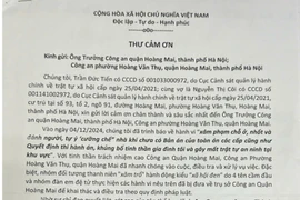 Người dân gửi thư cảm ơn Công an quận Hoàng Mai
