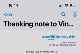 Trưởng đại diện Quỹ Nhi đồng Liên hợp quốc tại Việt Nam gửi thư cảm ơn Công an phường Vĩnh Tuy
