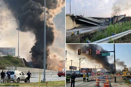 Sập cầu vượt trên xa lộ sau khi xe bồn bốc cháy 