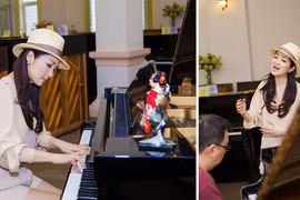 Hoa hậu Giáng My tập hát chuẩn bị cho đêm thơ nhạc