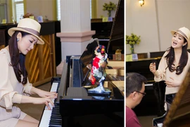 Hoa hậu Giáng My tập hát chuẩn bị cho đêm thơ nhạc