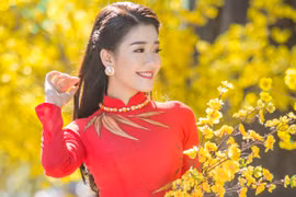 Á khôi "Người đẹp xứ Dừa" Xuân An e ấp áo dài dạo phố xuân