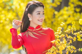 Á khôi "Người đẹp xứ Dừa" Xuân An e ấp áo dài dạo phố xuân