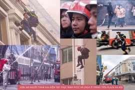 Xem cảnh sát PCCC đu dây cứu người trong buổi diễn tập ở trung tâm thương mại sát hồ Gươm 