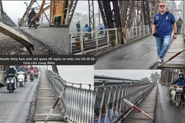 Cận cảnh những thanh thép hàn chắn ngang lối đi bộ trên cầu Long Biên