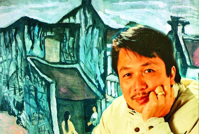 Chân dung Phú Quang chụp năm 1994 trên nền tranh Phái - trong BST Trần Hậu Tuấn