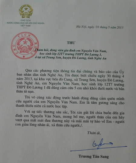 Chủ tịch nước gửi thư thăm hỏi gia đình nam sinh cứu sống 5 em nhỏ ảnh 1
