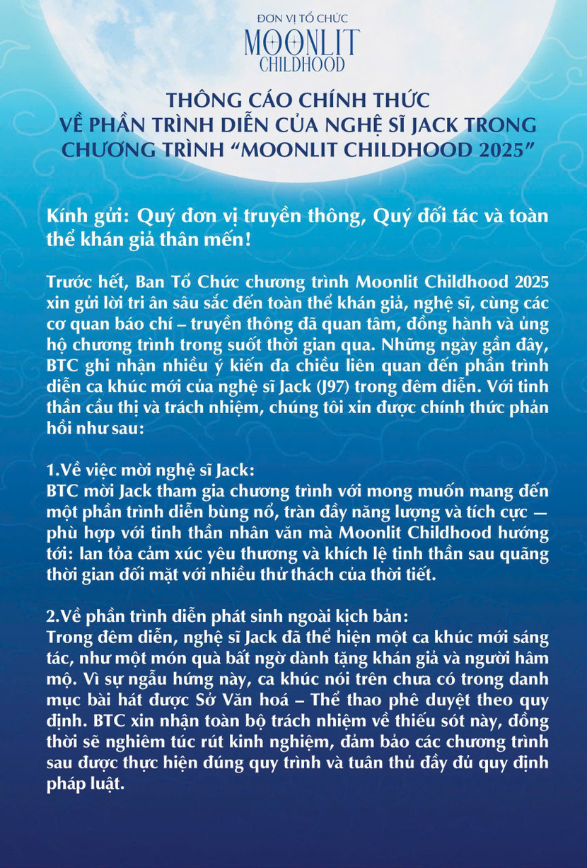 Ban tổ chức ‘Moonlit Childhood 2025’ phản hồi về phần trình diễn của Jack ảnh 2 Ban tổ chức ‘Moonlit Childhood 2025’ phản hồi về phần trình diễn của Jack ảnh 2