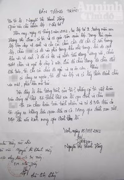 Bản tường trình của cô giáo Hằng