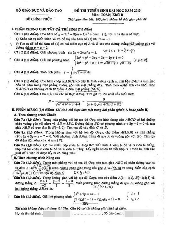 Gợi ý cách giải đề thi tuyển sinh ĐH năm 2013 môn Toán (khối B và D) ảnh 1