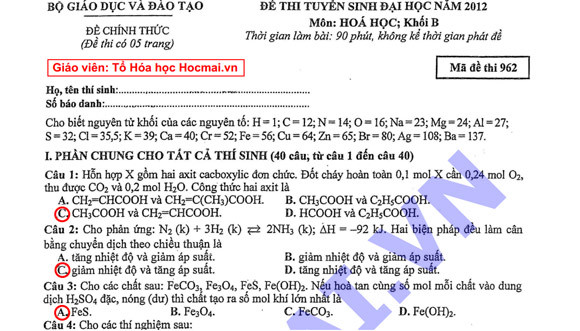 Gợi ý đáp án đề thi môn Hóa khối B ảnh 1