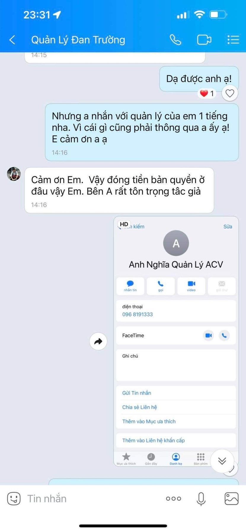 Phía ACV cung cấp tin nhắn quản lý của Đan Trường có liên hệ với đơn vị này và được hướng dẫn làm việc về vấn đề tác quyền ca khúc