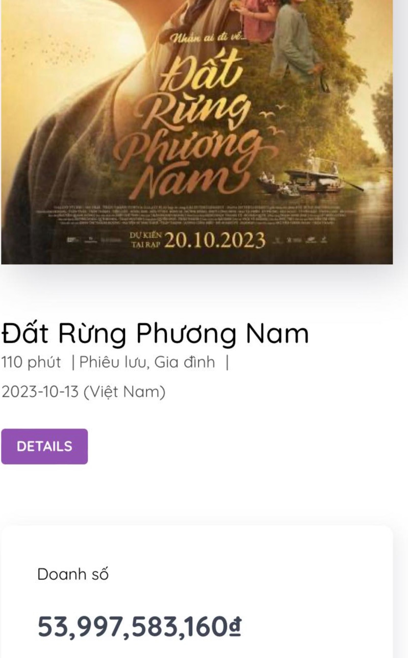 Tổng doanh thu phim "Đất rừng phương Nam" tính đến 13h30 trưa ngày 17-10-2023, bao gồm cả doanh thu của 3 ngày mở bán suất chiếu sớm (13, 14, 15-10-2023). Tổng doanh thu phim "Đất rừng phương Nam" tính đến 13h30 trưa ngày 17-10-2023, bao gồm cả doanh thu của 3 ngày mở bán suất chiếu sớm (13, 14, 15-10-2023).