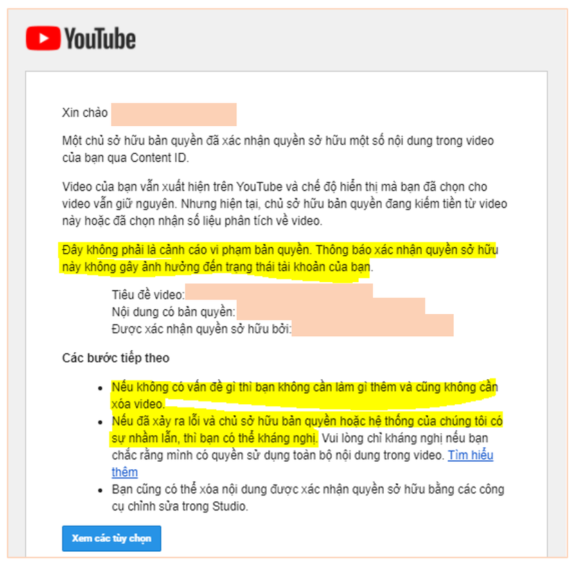 Thông báo mà nhạc sĩ Giáng Son nhận được từ kênh Youtube, không phải từ BH Media