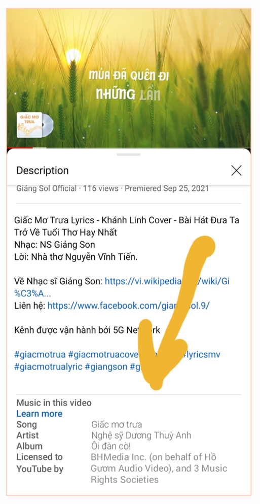 Bản ghi "Giấc mơ trưa" do nghệ sĩ Dương Thùy Anh trên YouTube đã được YouTube ghi nhận. Dòng chữ Licensed to YouTube tức là: Cấp cho YouTube bởi BH Media (được chủ sở hữu ủy quyền) và ba tổ chức bảo vệ bản quyền (trong đó Trung tâm bảo vệ bản quyền tác giả âm nhạc Việt Nam). Ghi nhận này rất quan trọng, vì YouTube sẽ trả tiền tác quyền cho Giáng Son về Trung tâm bảo vệ tác giả âm nhạc Việt Nam, nơi Giáng Son ủy quyền. Ảnh: BH Media