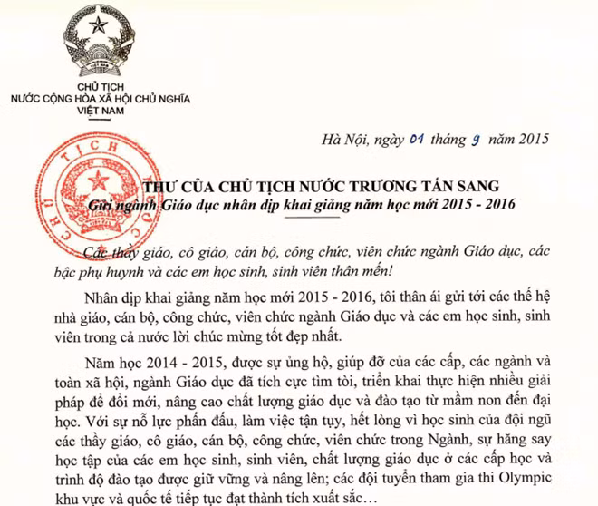 Chủ tịch nước Trương Tấn Sang viết thư gửi ngành giáo dục nhân dịp năm học mới ảnh 1