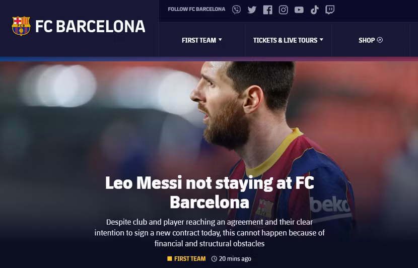 Trang chủ Barca thông báo việc Messi không tiếp tục ở lại CLB