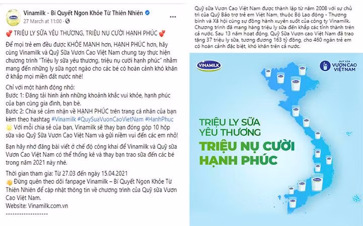 Trong chiến dịch diễn ra từ 27/3 đến 15/4/2021, với mỗi chia sẻ được đăng tải, bạn sẽ cùng Vinamilk gửi 10 hộp sữa đến các em nhỏ có hoàn cảnh khó khăn trên cả nước.