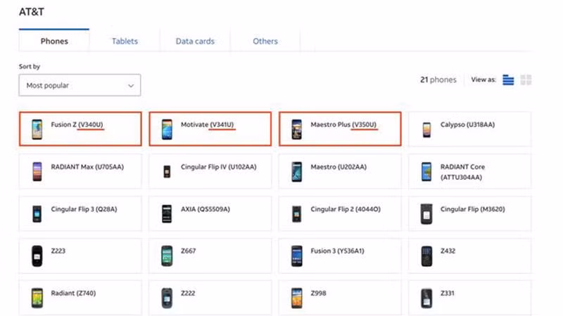 Danh sách các mẫu điện thoại mang thương hiệu AT&amp;T cùng mã sản phẩm đang được phân đối trên trang chủ của hãng.