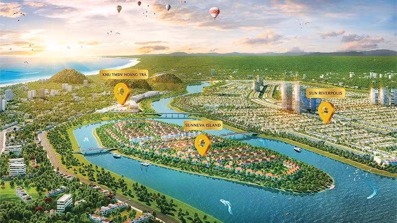 Quần thể “Thành phố hội nhập” gồm 3 mảnh ghép: Sunneva Island, Sun Riverpolis và khu thương mại dịch vụ Hoàng Trà. Ảnh phối cảnh minh họa