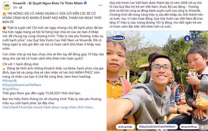 Chiến dịch vẫn tiếp tục đến 15/4/2021, với mỗi chia sẻ được đăng tải, bạn sẽ cùng Vinamilk gửi 10 hộp sữa đến các em nhỏ kém may mắn.