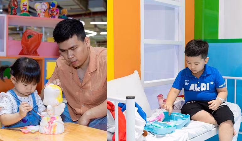 Các khách nhí cũng rất thích “làm nghệ thuật” ở khu Xốp Art, nặn đất sét… hoặc vào vai chú cảnh sát, bác sĩ trong Khu phố Hướng nghiệp cho các bé với sự hướng dẫn của các hướng dẫn viên. Các khách nhí cũng rất thích “làm nghệ thuật” ở khu Xốp Art, nặn đất sét… hoặc vào vai chú cảnh sát, bác sĩ trong Khu phố Hướng nghiệp cho các bé với sự hướng dẫn của các hướng dẫn viên.
