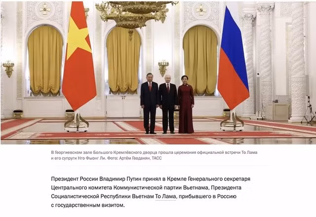 Hình ảnh Tổng thống Vladimir Putin đón Tổng Bí thư, Chủ tịch nước Tô Lâm và Phu nhân Ngô Phương Ly được đăng tải trang trọng trên cổng thông tin Điện Kremlin