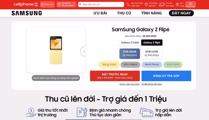 Galaxy Z Flip 6 giá từ 28.99 triệu, đang mở đặt trước tại CellphoneS nhiều ưu đãi