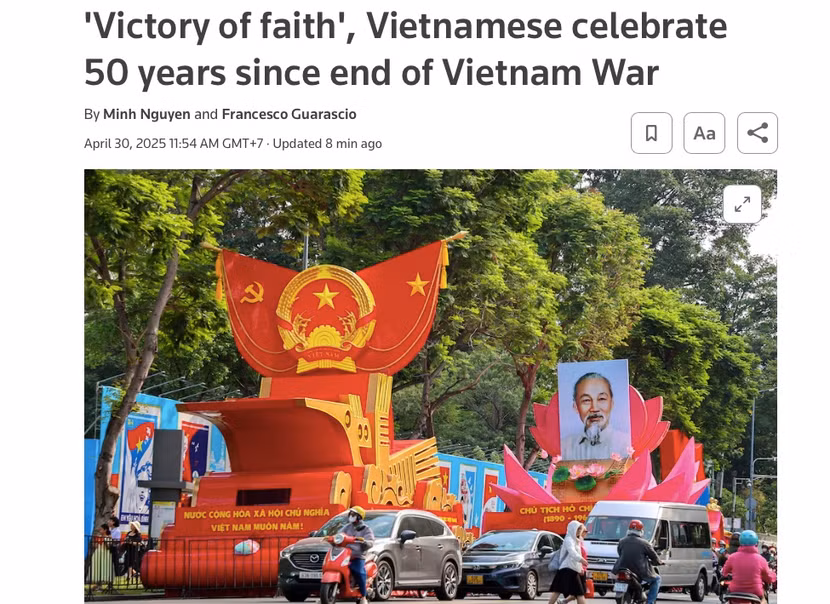 Tiêu đề bài viết về lễ kỷ niệm Lễ kỷ niệm 50 năm Ngày giải phóng miền Nam của hãng tin Reuters ngày 30/4/2025. Ảnh chụp màn hình